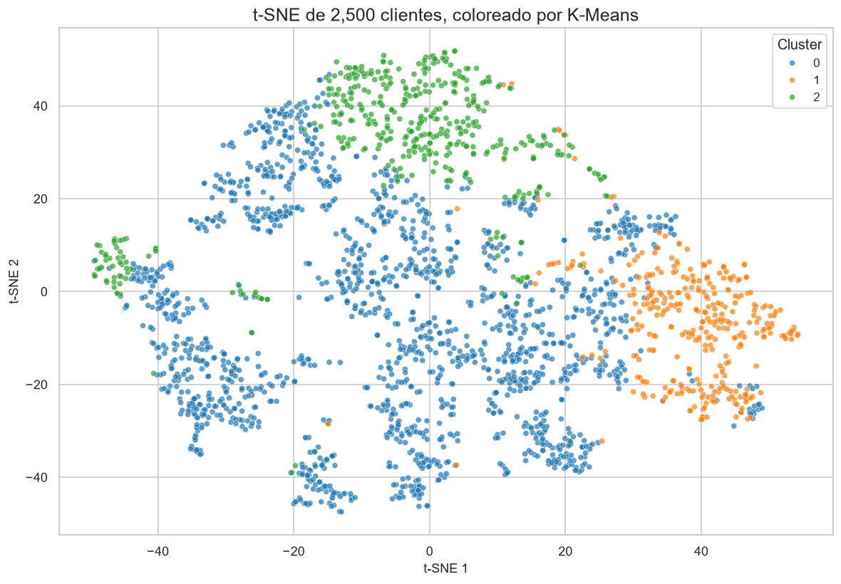 K-Means customer segments in a t-SNE projection