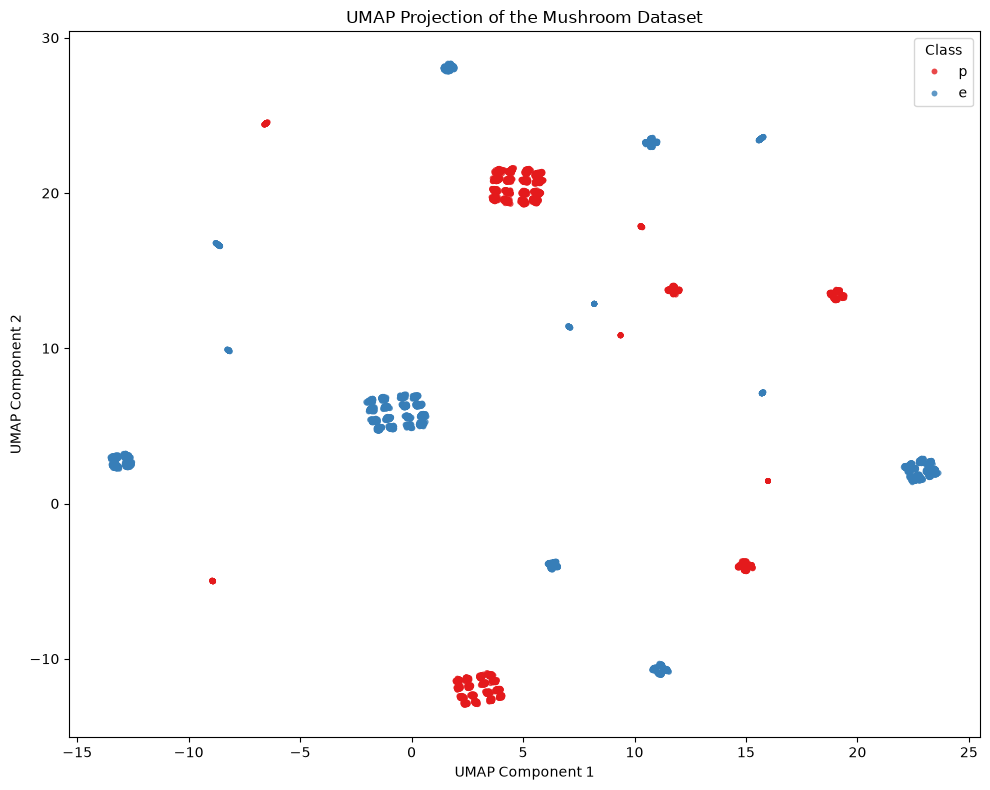 UMAP projection of the encoded mushroom observations, coloured by reference class